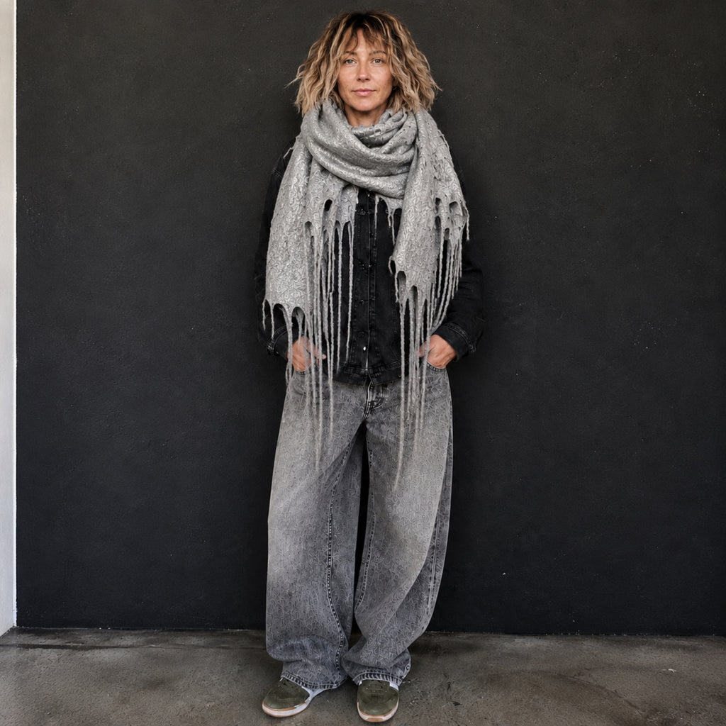 Gray Alpaca Wool Felted Scarf with Tassels