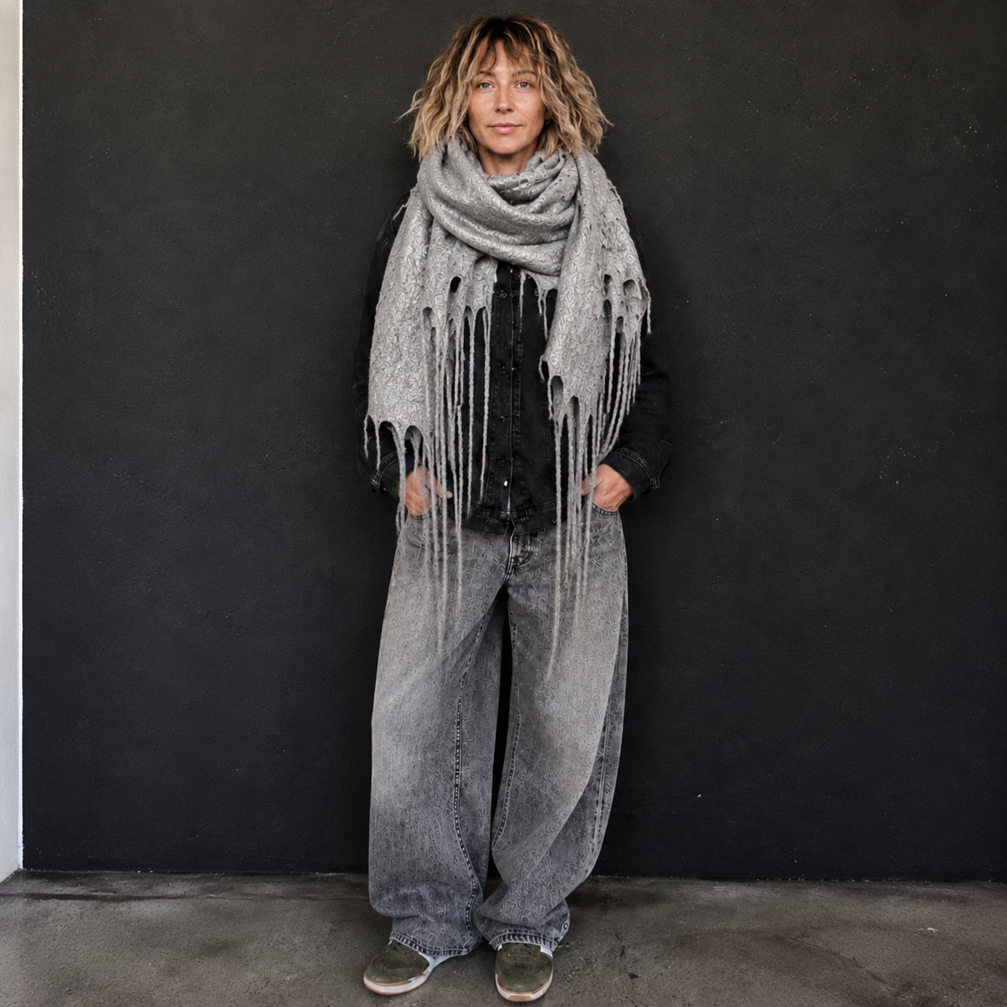 Gray Alpaca Wool Felted Scarf with Tassels