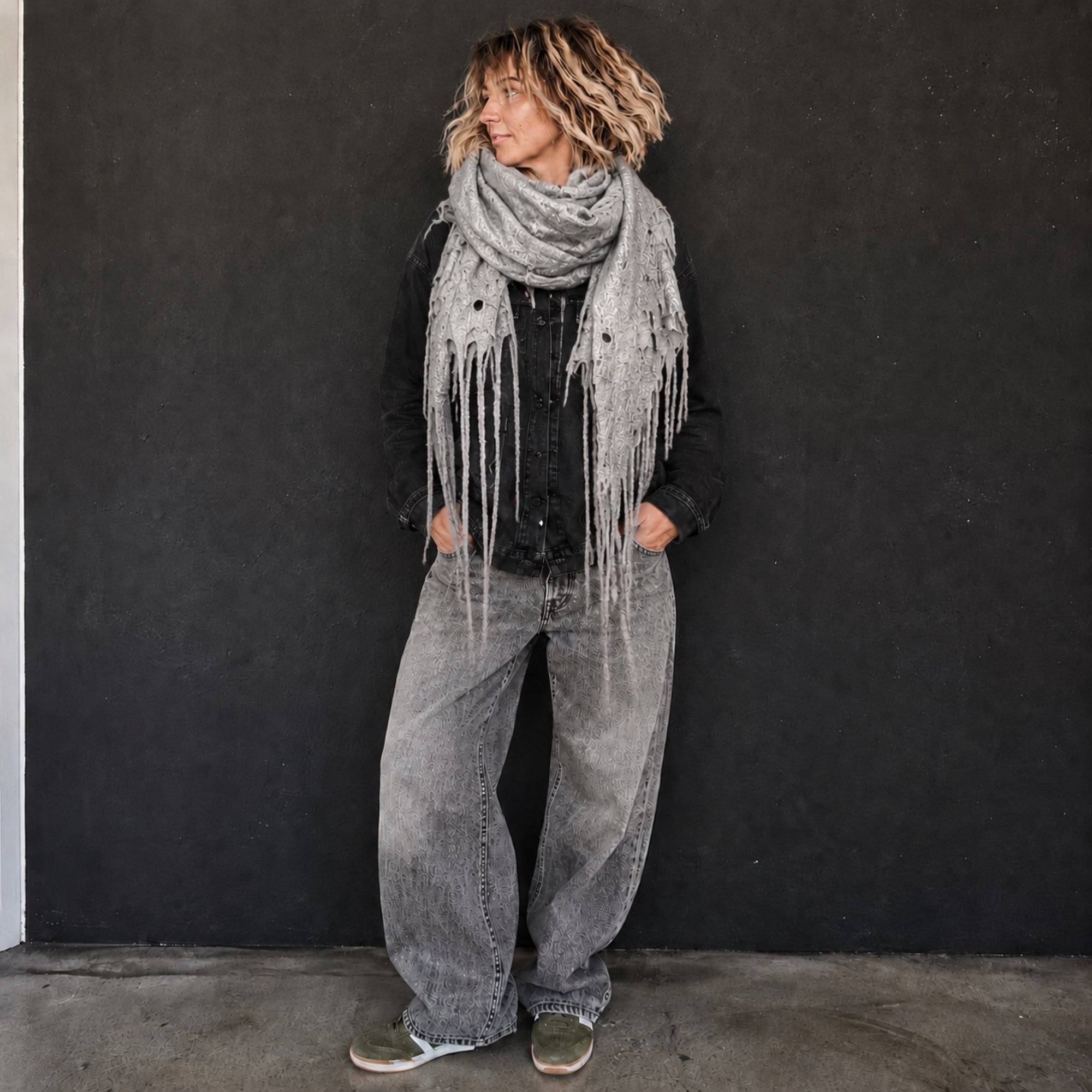 Gray Alpaca Wool Felted Scarf with Tassels