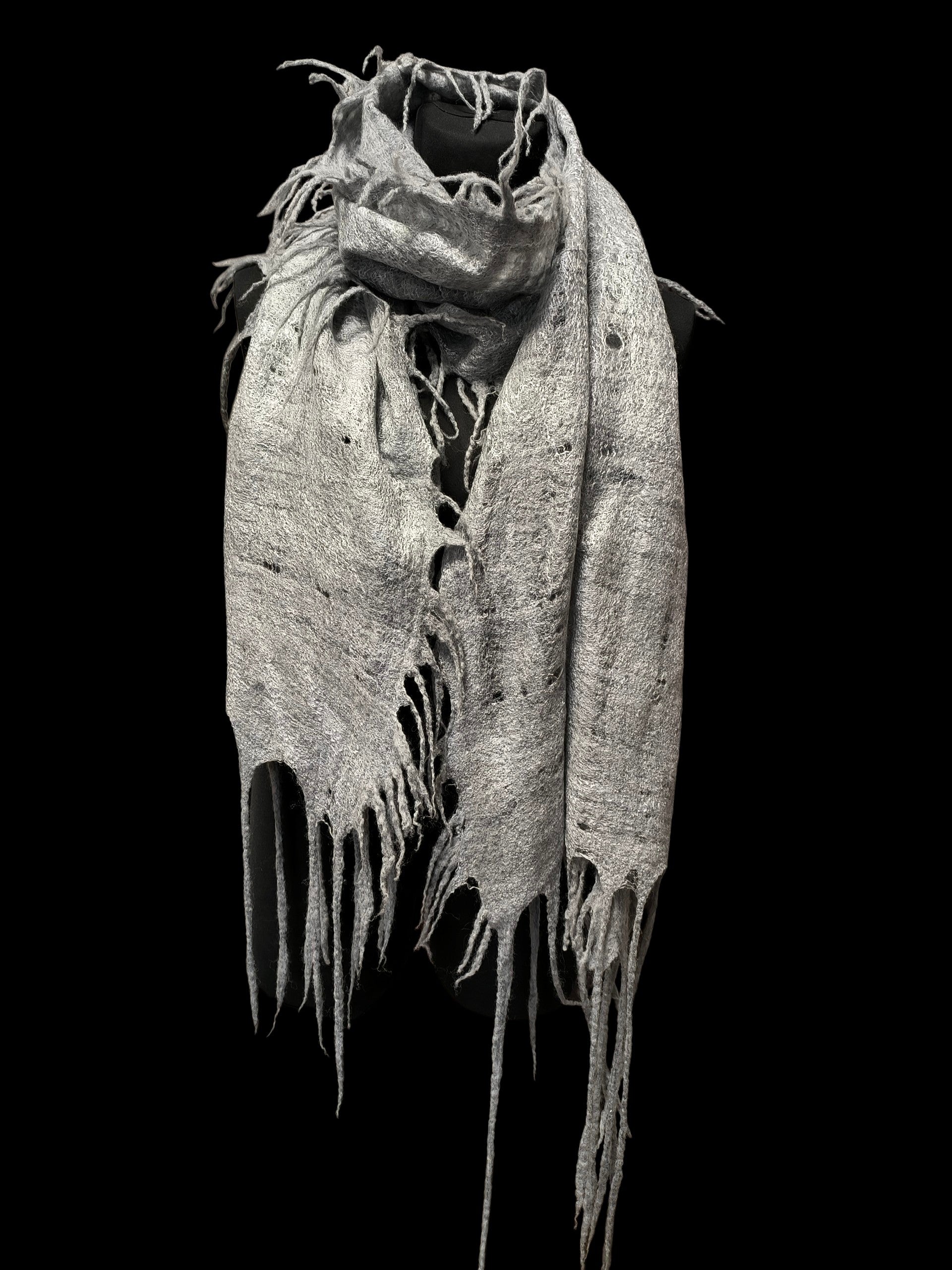 Gray Alpaca Wool Felted Scarf with Tassels