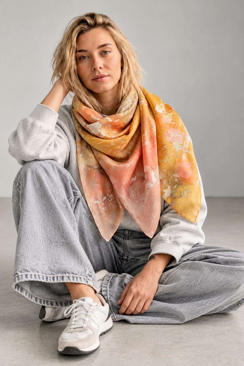 Hand-Dyed Natural Silk Scarf – Warm Sand, Cream & Blush