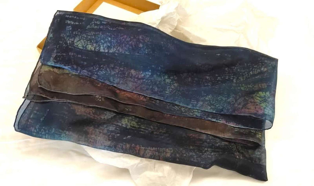Dark Blue Hand-painted silk scarf