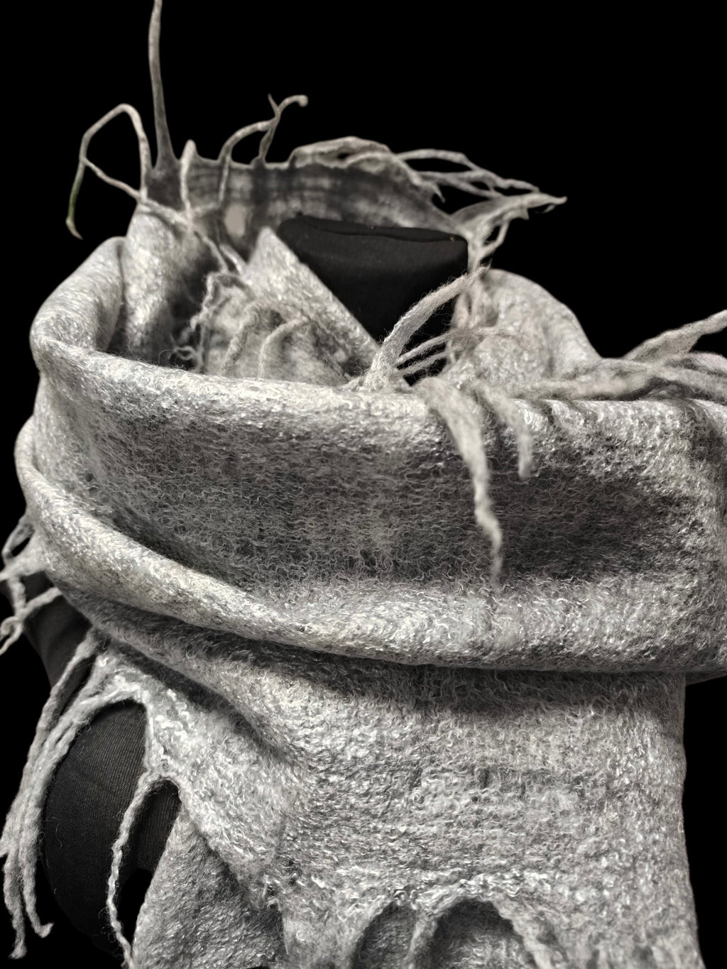 Gray Alpaca Wool Felted Scarf with Tassels