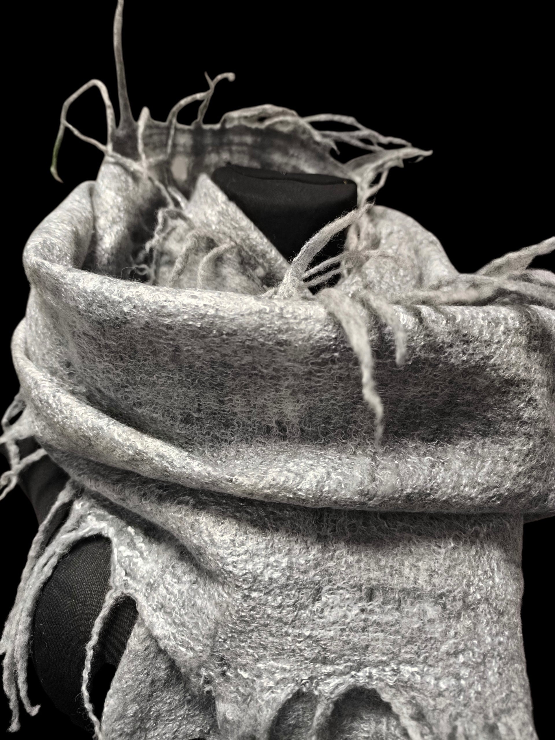Gray Alpaca Wool Felted Scarf with Tassels