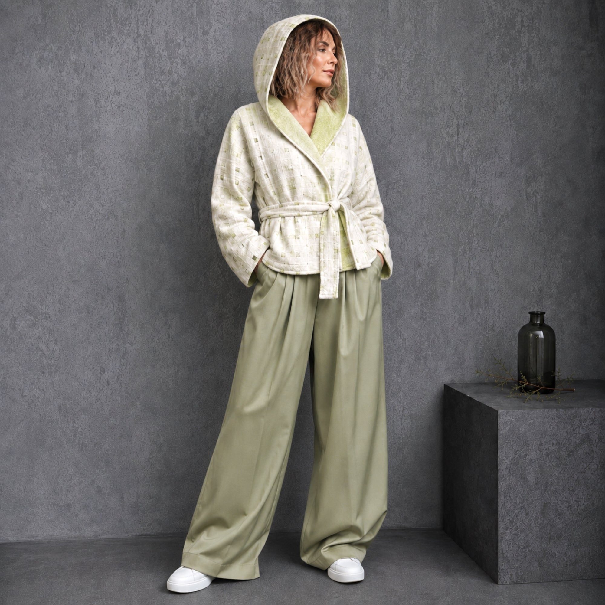 White Merino Wool Hooded Kimono Jacket