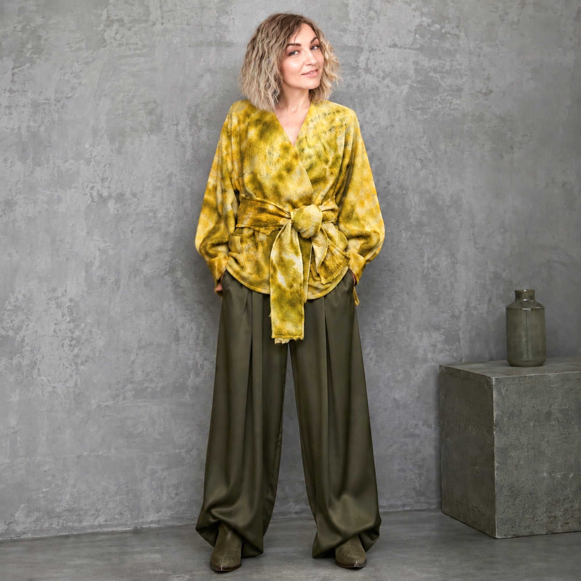 Samanų žalios spalvos Lageno stiliaus merino vieno dydžio kimono