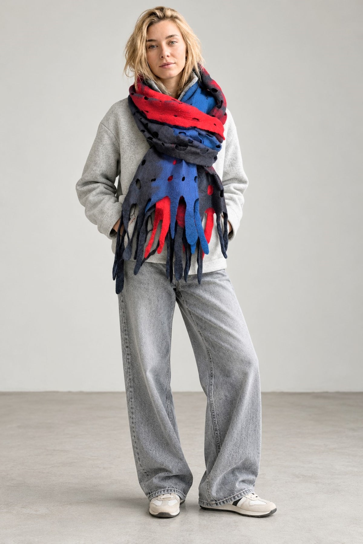 Navy Blue Red Merino Wool Scarf