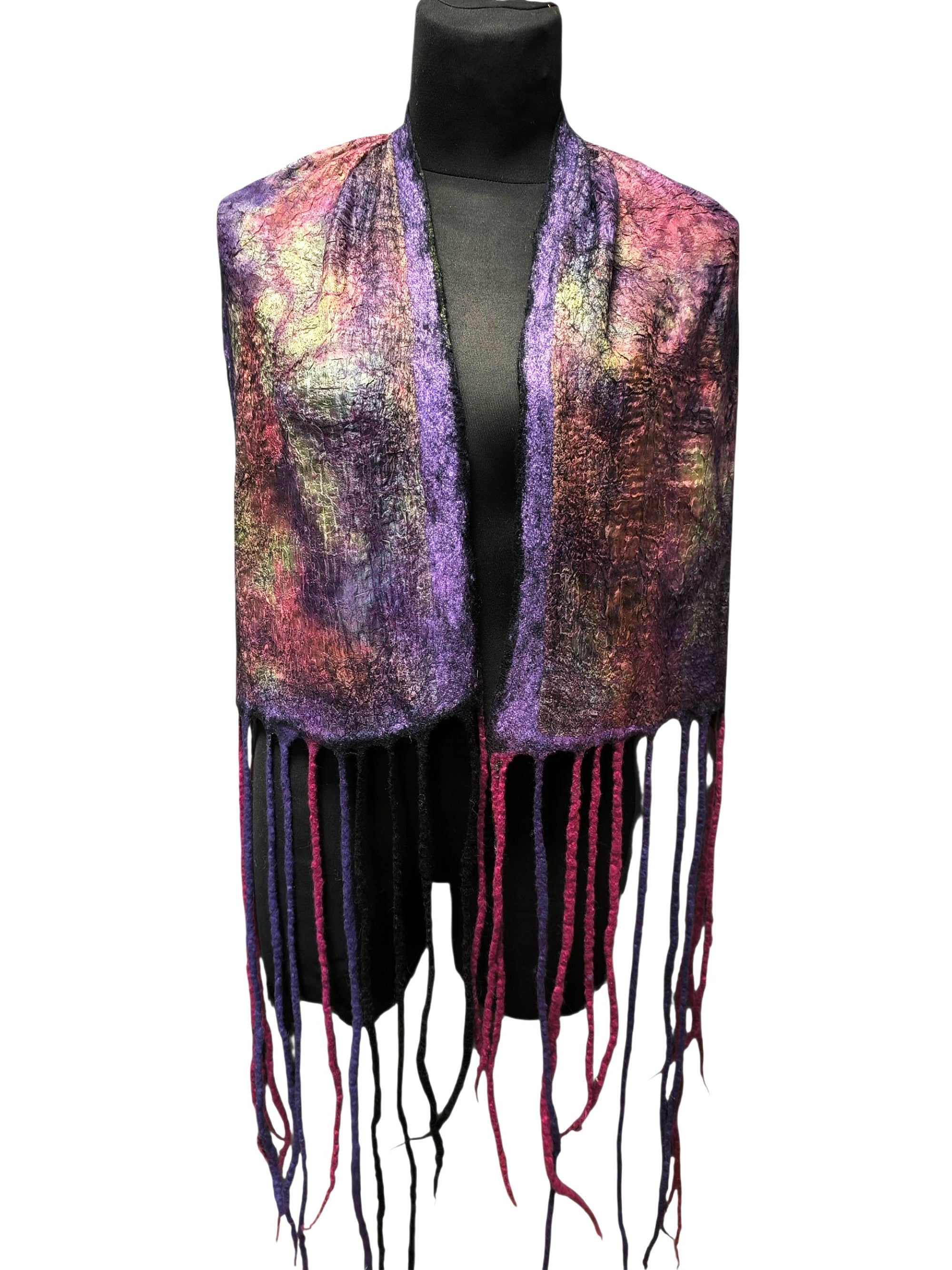 Botanical Print Felted Wool Wrap, Hand Painted Silk Scarf