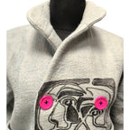 Korėjietiško stiliaus vilnonė striukė, dekoruota rankomis pieštais paveikslais ir rausvomis medinėmis sagomis