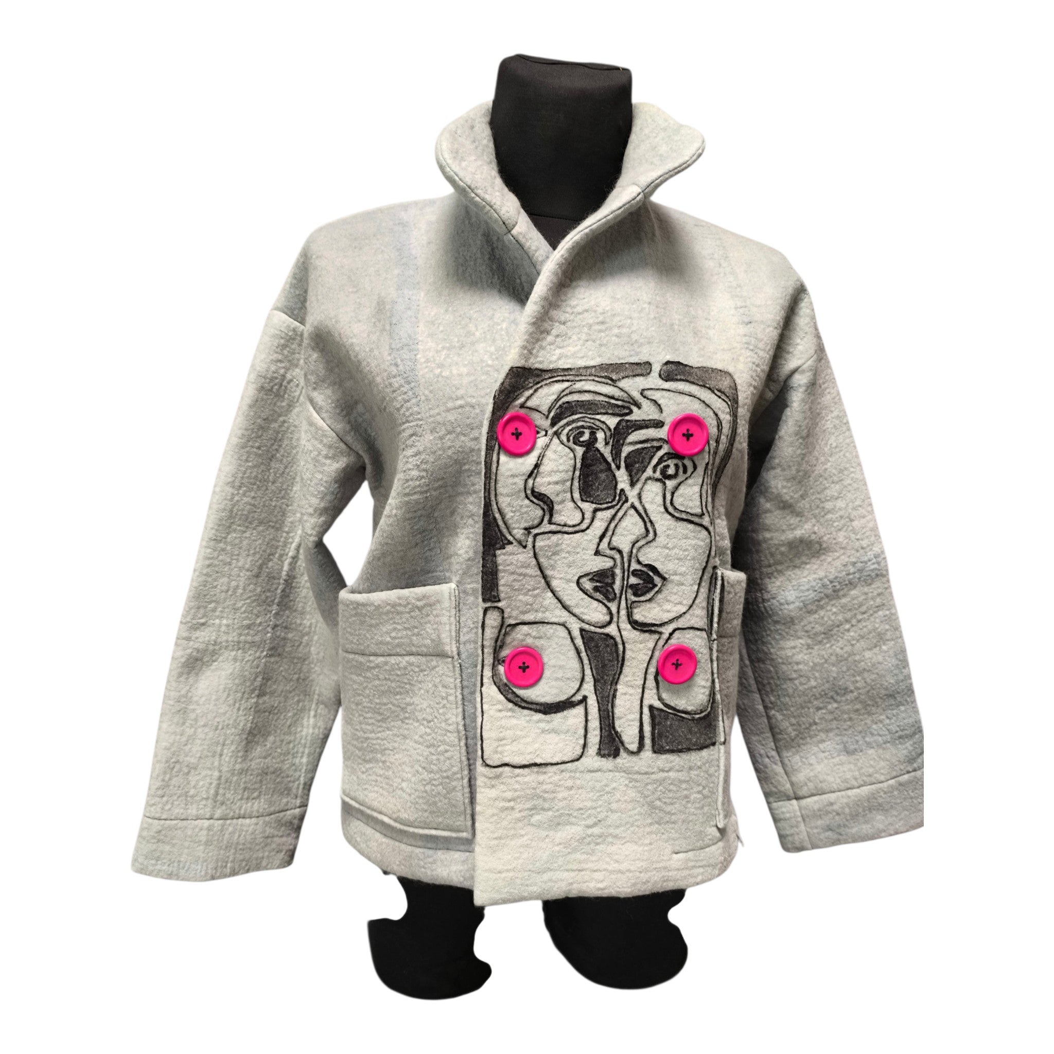 Korean Style Wool Jacket, Decorated With Handpainting and Pink Wooden Buttons