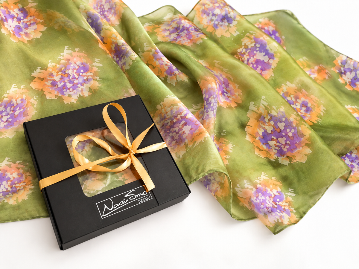 green hand painted natural silk scarf batika